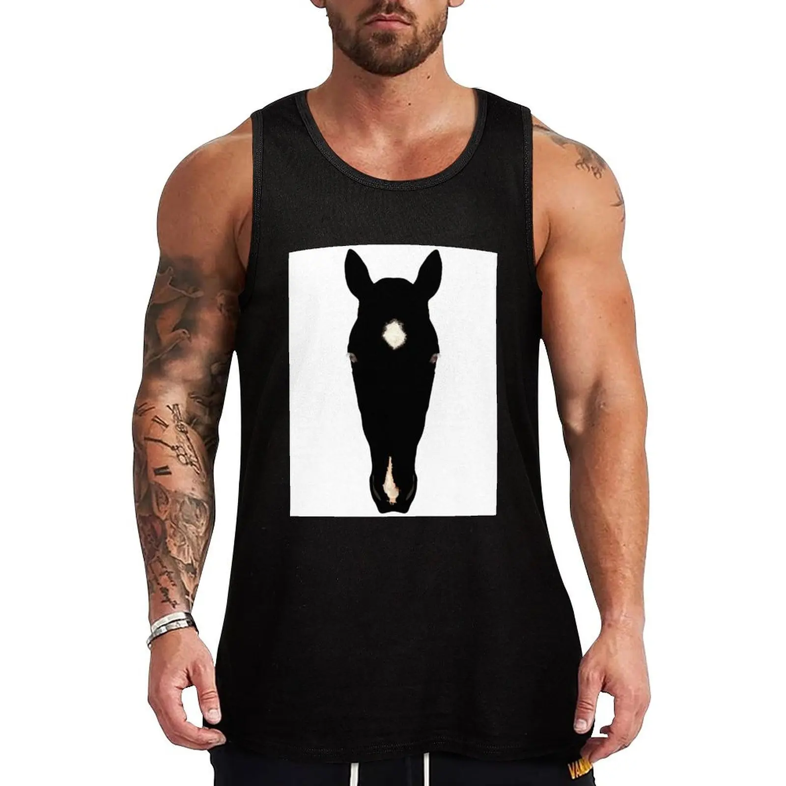 Horse Head Silhouette With Blaze Black on White Tank Top singlet for men t-shirts for men