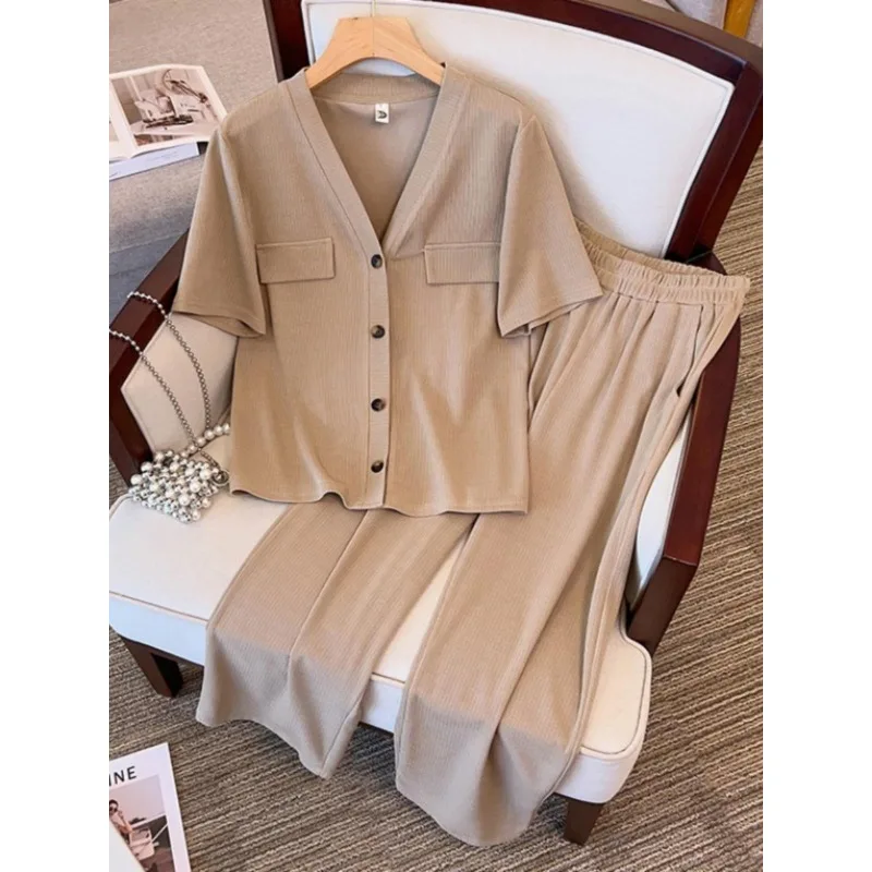 

Women's V Neck Knit Two Piece Set Short Sleeve Top Wide Leg Pants Casual Loungewear
