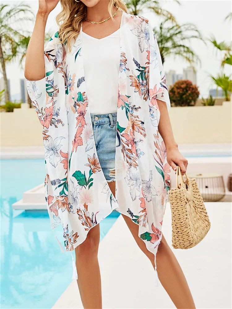 

Beach Cover Up Women Summer Casual Bikini Swimwear Ladies Vintage Boho Floral Print Beachwear Female Loose Kimono Cardigan