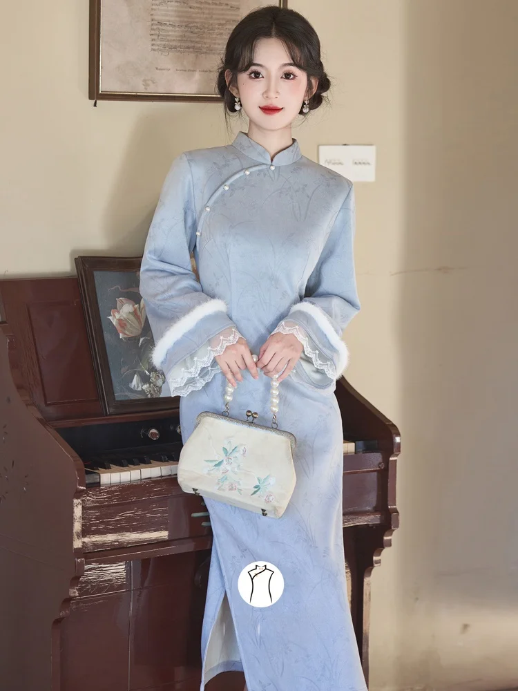 

Синее китайское платье-ципао Dr. Thiened Fce, зимнее, для молодых женщин, высококачественное, длинное, для повседневной носки