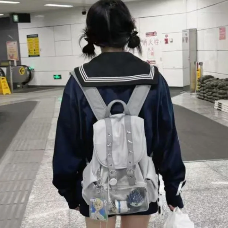 Star Striped Itabag Backpacks Y2K Korean Harajuku Functional Striped Zipper High Capacity Unisex Backpack Women's Handbag New