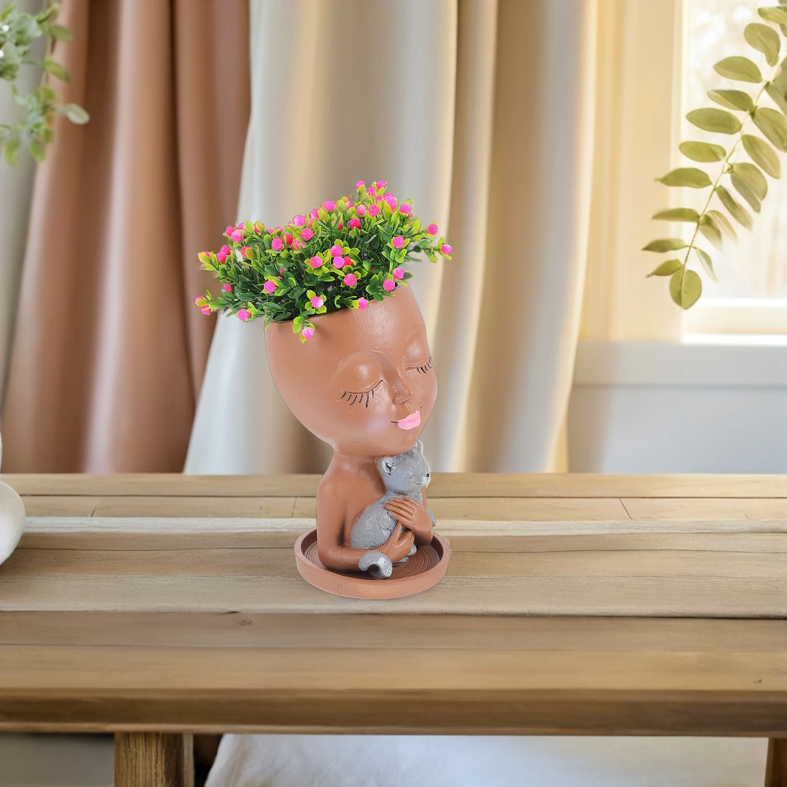 

1pc Face Flower Pot Cat Design Resin Indoor Planters Succulents Decorative Girl Planter Cartoon Pots Drainage Hole