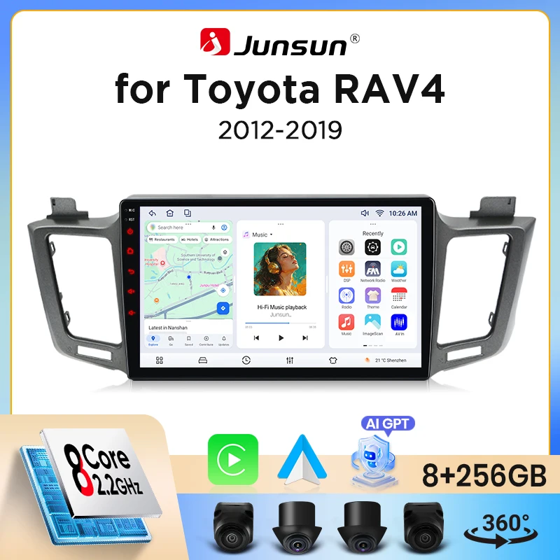 Autoradio sans fil Junsun CarPlay Android Auto pour Toyota RAV4 (XA40) 2012-2018 avec ventilateur de refroidissement intégré, navigation GPS Android, lecteur multimédia, WiFi, DSP, RDS, BT, SWC, écran