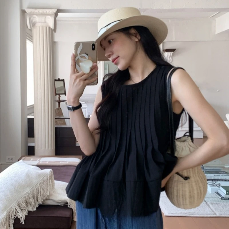 Neploe Fashion Heavy Ruched Ruffles Tank Top 2024 Summer New Loose Vest for Women Y2k O-neck Sleeveless Black Tops Mujer