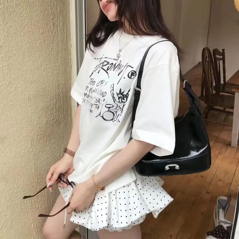 

Korean Fashionable Hand-Painted T-shirts Female Clothing Short Sleeve Tops Summer New Casual Letter Loose Basic O-Neck Pullovers