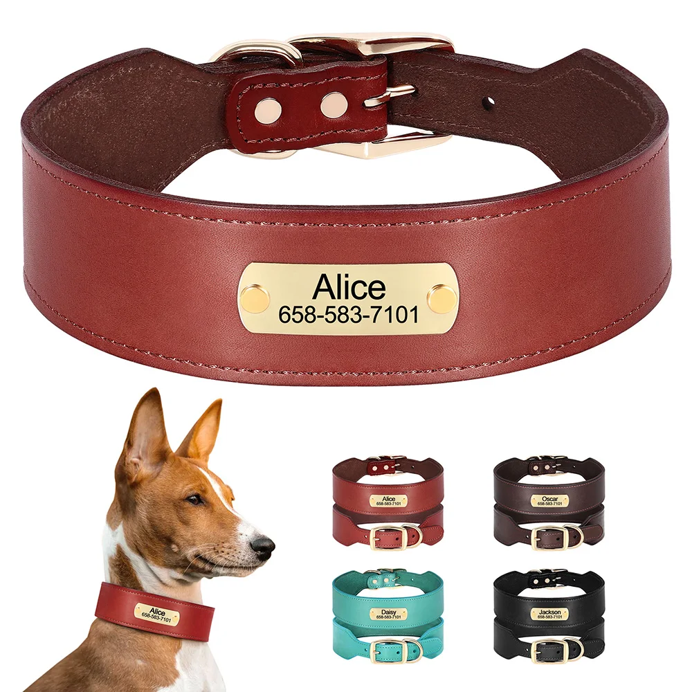 

Customized Engraved Dog Leather Collar Wide Leather Dogs Collars Personalized Name Anti-lost Nameplate For Big Large Dogs