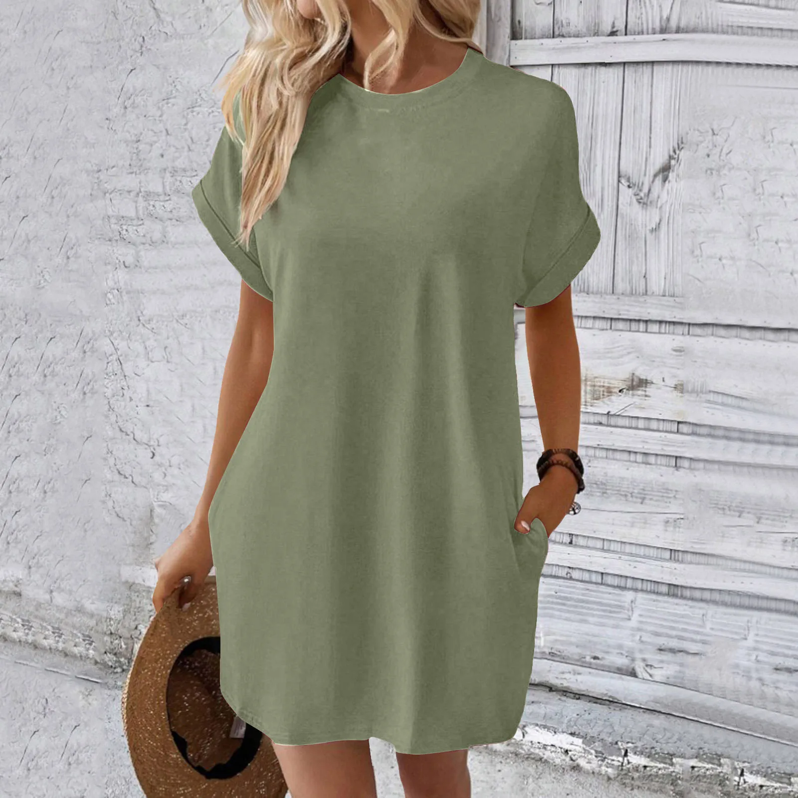 Soft Short Sleeve Casual T Shirt Dress Summer Loose Fit Solid Color Dress with Pockets Casual Round Neck Plain Dress Women