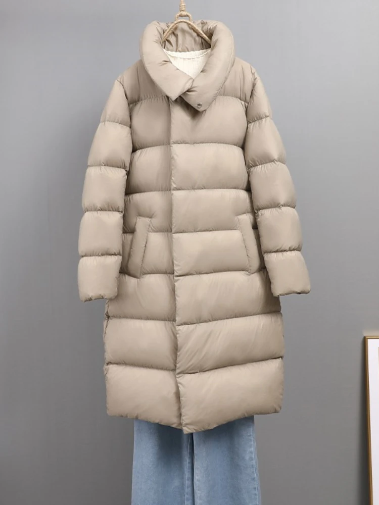 

High-end Designer Mid-Length Stand Collar Down Jackets Women's Winter New Style Loose Warm White Duck Down Bread Overcoat