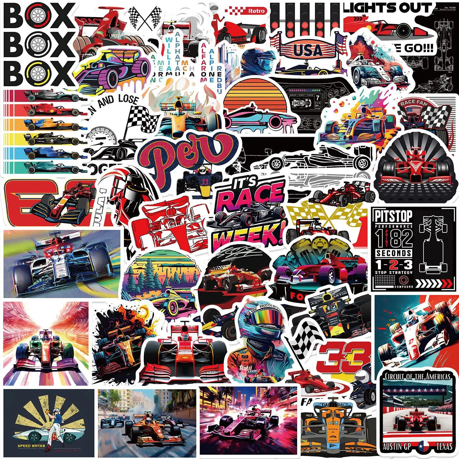 50PCS F1 Formel 1 Racing Wettbewerb Wasserdichte Aufkleber Dekoration DIY Notebook Mobile Gitarre Wasser Tasse Koffer Graffiti Spielzeug