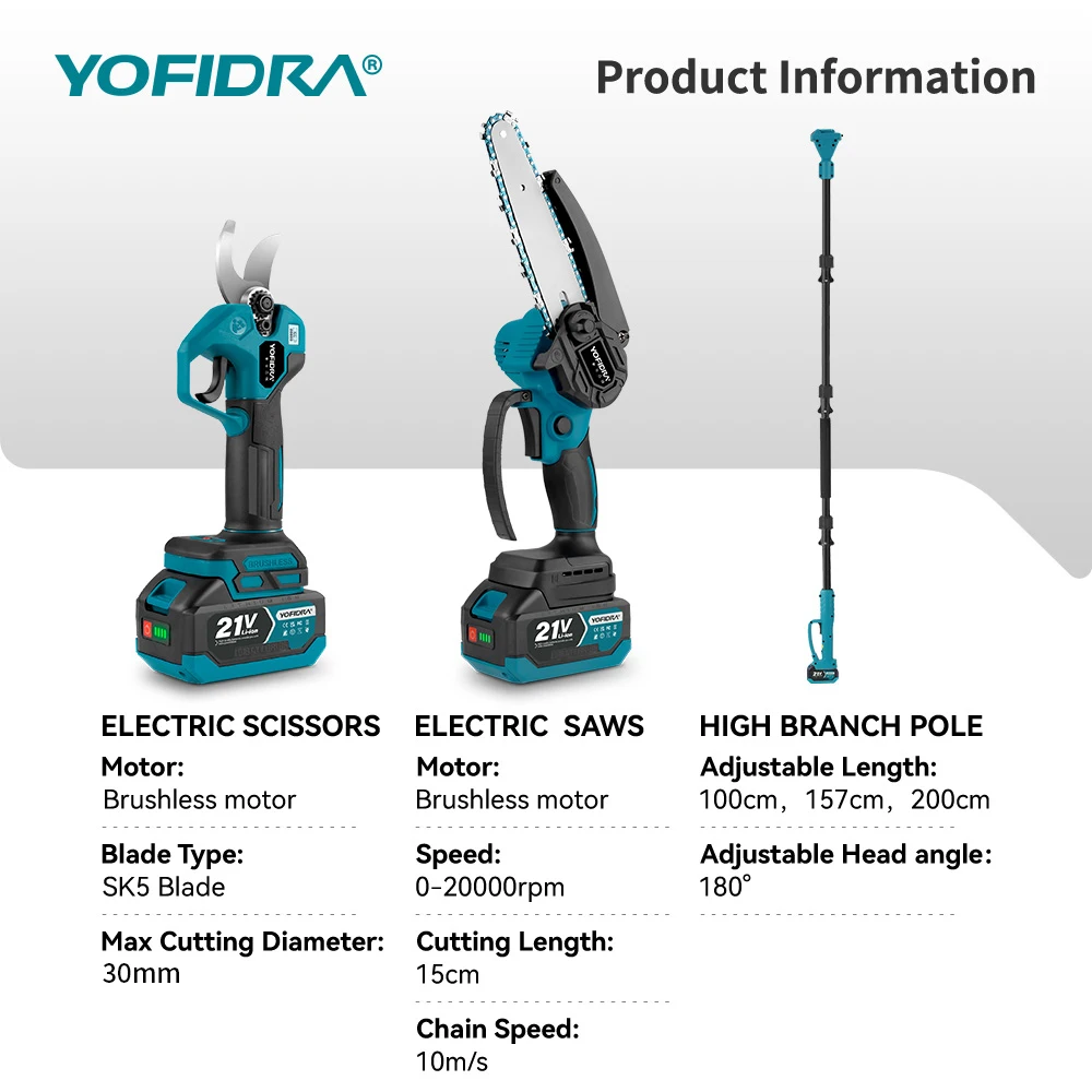 YOFIDRA Brushless Telescoping Pole Electric Chainsaw High Scalable 30MM Pruner Shear Scissors Tool For Makita 21V Battery Pin