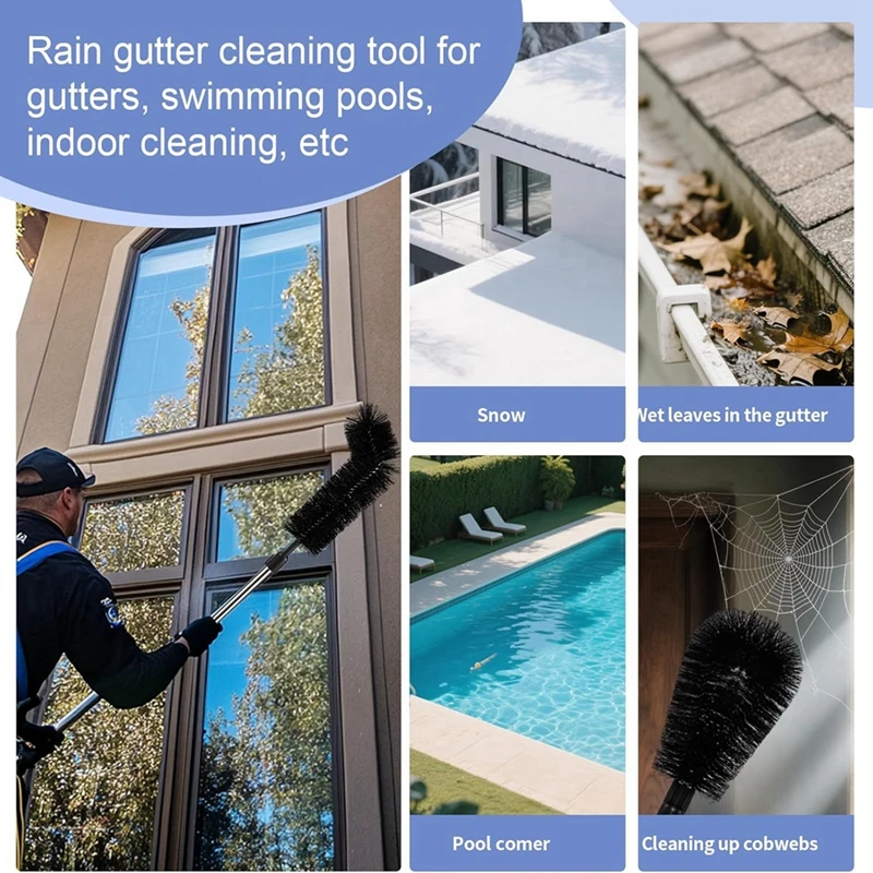 PZHI Gutter Cleaning Tools from Ground - Long Adjustable Pole & Nylon Brush, Rain Gutter Cleaner for Easy Leaf & Debris Removal