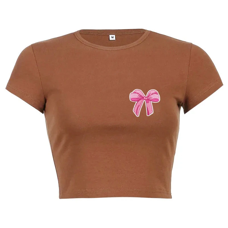 

﻿Harajuku Brown T-shirt Cute Butterfly Embroidery O-neck Short Sleeve Goth Fashion Crop Tops Summer Women Clothing Y2k Clothes ﻿