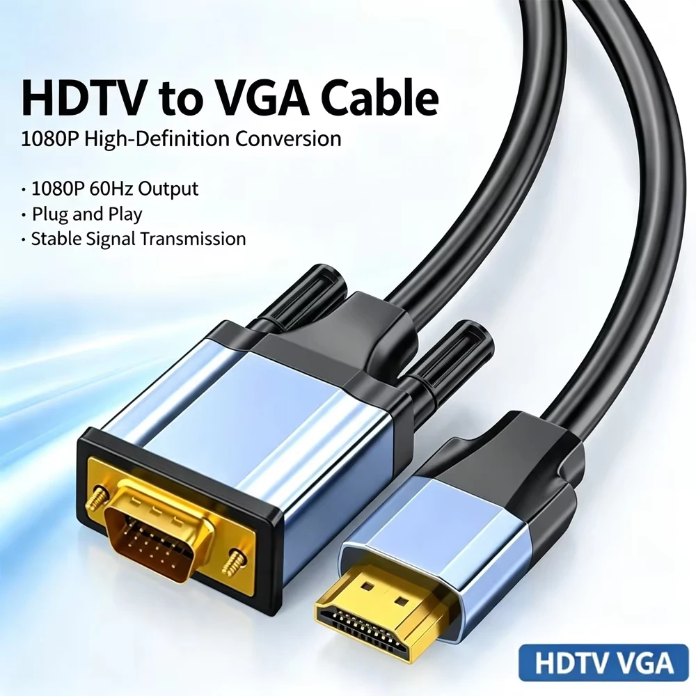 Cabo HDMI para VGA, revestimento em liga de alumínio, revestimento em nylon trançado com banho de ouro, compatível com computadores, portáteis e projetores.