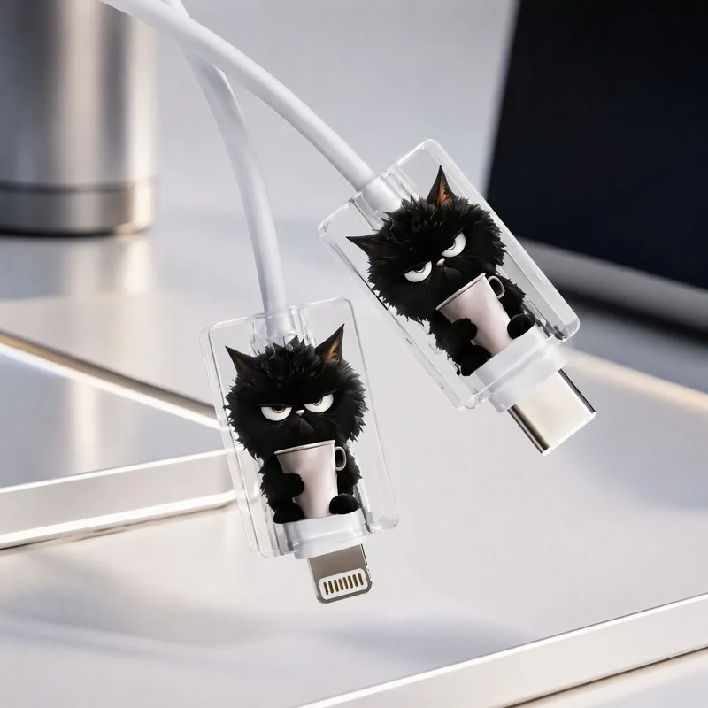 4 Pack Cute Black Cat Pattern 2D Acrylic Data Cable Protectors Type C Phone Charging Cable Protective Sleeve Anti Fracture Data