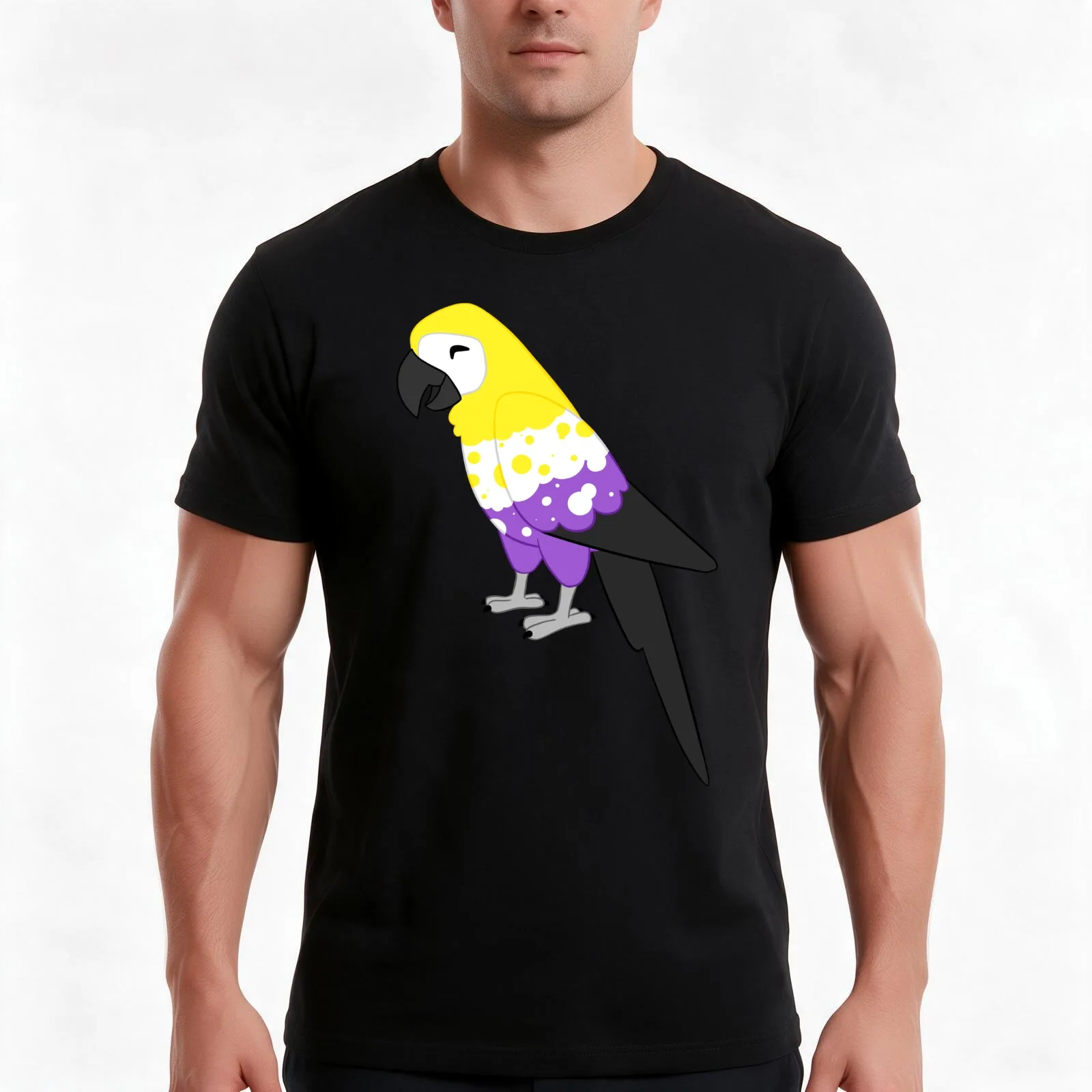 Non-Binary Pride Flag Macaw T-Shirt Summer Casual Cotton Tee Oversized Streetwear Tops Vintage Graphic Print 100% Cotton
