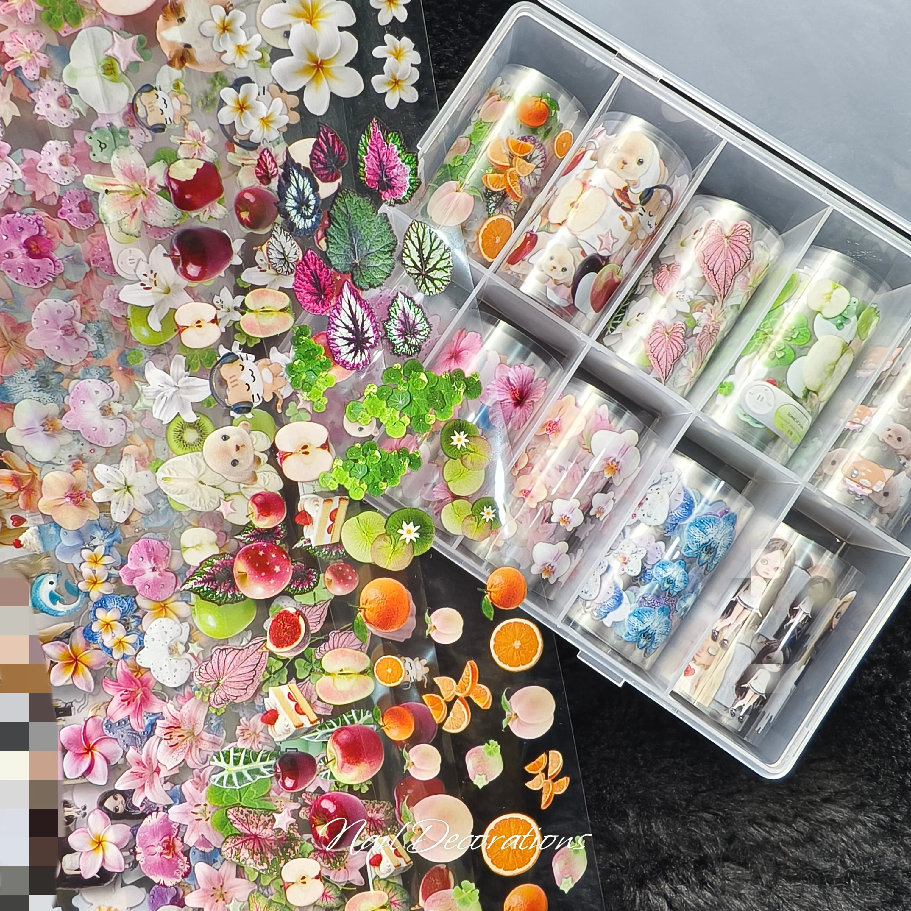 1 Box Blumen-Plumeria-Begonien-Blätter Phalaenopsis-Lilien Nagelfolien Transferpapier Nagelkunst-Aufkleber Nageldekoration – Detail 1