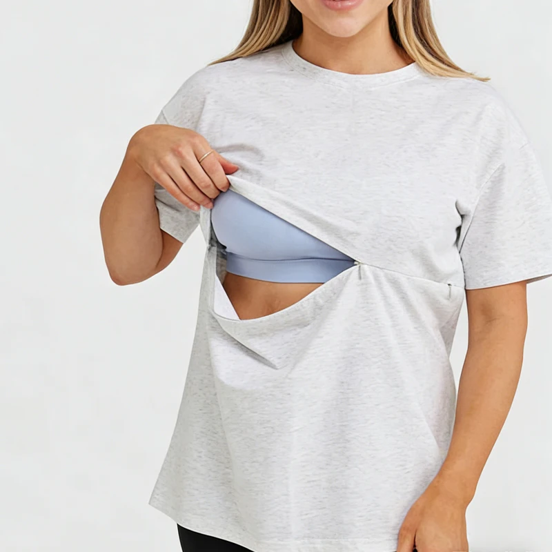 Summer Maternity T-Shirt plus Size Casual Breastfeeding Tees Cotton Nursing Top with Horizontal Zipper for Postpartum Women