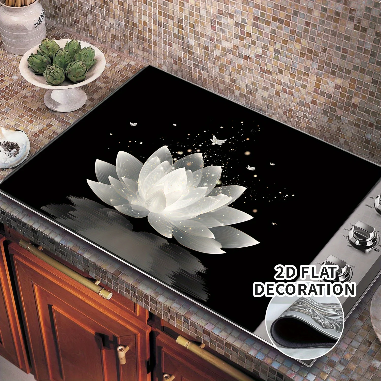 Lotus Butterfly Stove Top Cover Heat Resistant Non Slip Protector Mat for Induction Cooktop Kitchen Decor 2D Flat Cover