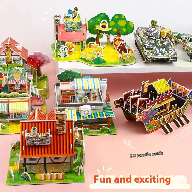 Puzzle 3D z papieru Montessori Miniaturowe domki Kartonowe modele konstrukcyjne Puzzle dla dzieci DIY Dom Zabawki edukacyjne