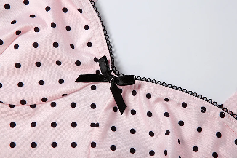 Weird Puss Polka Dot Patchwork 2-teiliges Set für Damen, Schleife, tief ausgeschnittenes, rückenfreies Crop-Top + lange Hose mit Knopfverzierung, eleganter Stil – Detail 8
