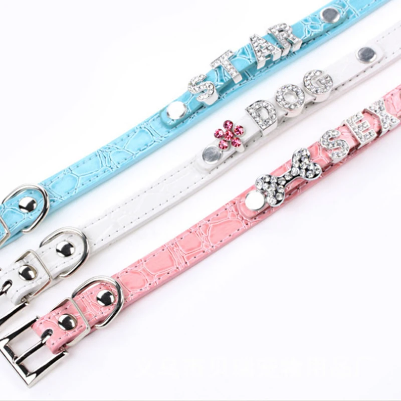 Personalized Dog Leather Collar Rhinestone Small Cat Collars Custom Name Charms Accessories for Puppy