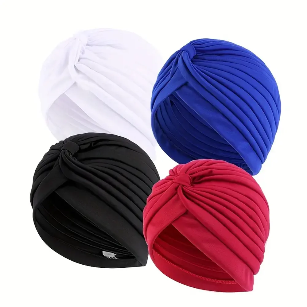 4pcs/set Solid Color Turban Cap Elastic Bonnet Head Scarf Women Chemo Hats Casual Pleated Head Wrap