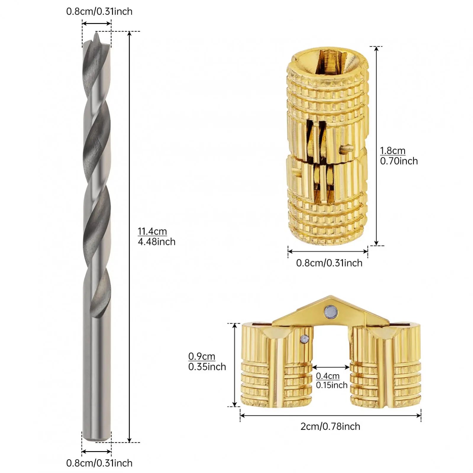 8 pcs 8/10 mm Hidden Concealed 180° Opening Angle Hidden Brass Barrel Hinges with 16 pcs Screws, 8 mm High-speed Steel Drill