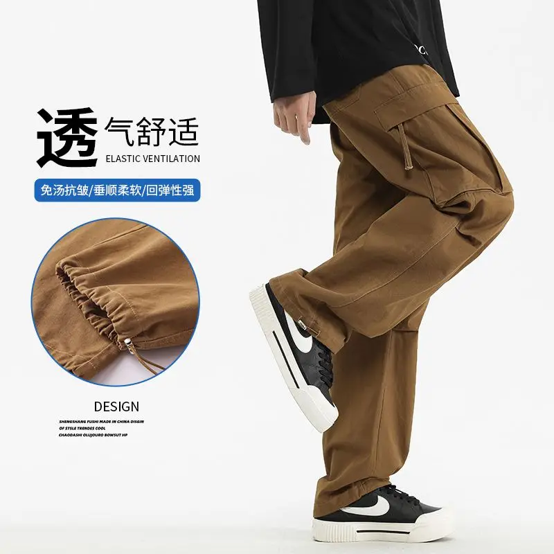 سراويل عمل من القطن الخالص للفصول الأربعة، سراويل High Street الأمريكية، سراويل رياضية وترفيهية فضفاضة متعددة الجيوب #6