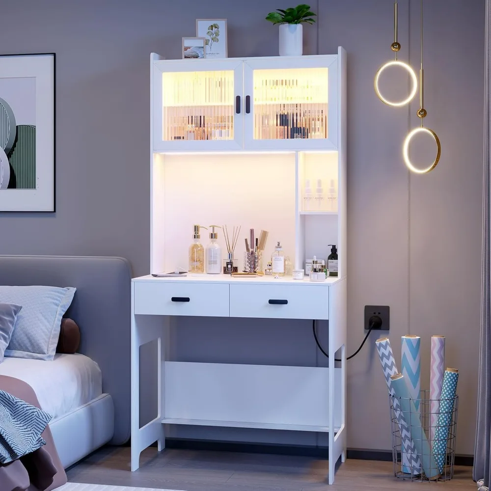 

Modern Home Office Desk with LED Lights And Hutch 31.5 Inch Wooden Computer Desk with Power Outlet for Study Storage