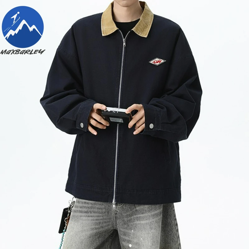 

Maxbarley Trendy Cotton Jacket Men Autumn 2025 Hip-Hop Stitching Windproof Lapel Jackets K-Pop Antique Washed Motorcycle Coat