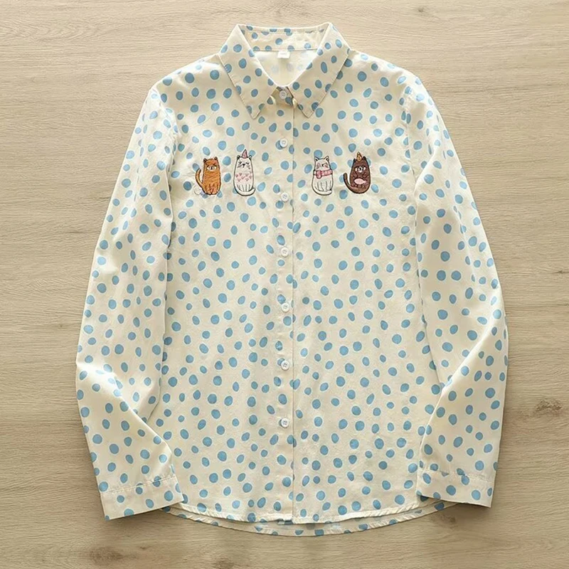 Spring Autumn Women Cartoon Print Spot Embroidered Animal Shirt Blue Pink Color Long Sleeved Female Casual Sweet Blouse Top U275