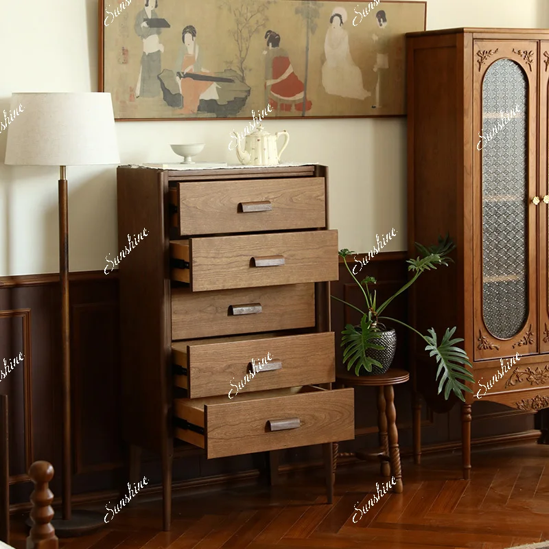 

Large and small apartment solid wood chest of drawers contrasting colors retro style high legs FT