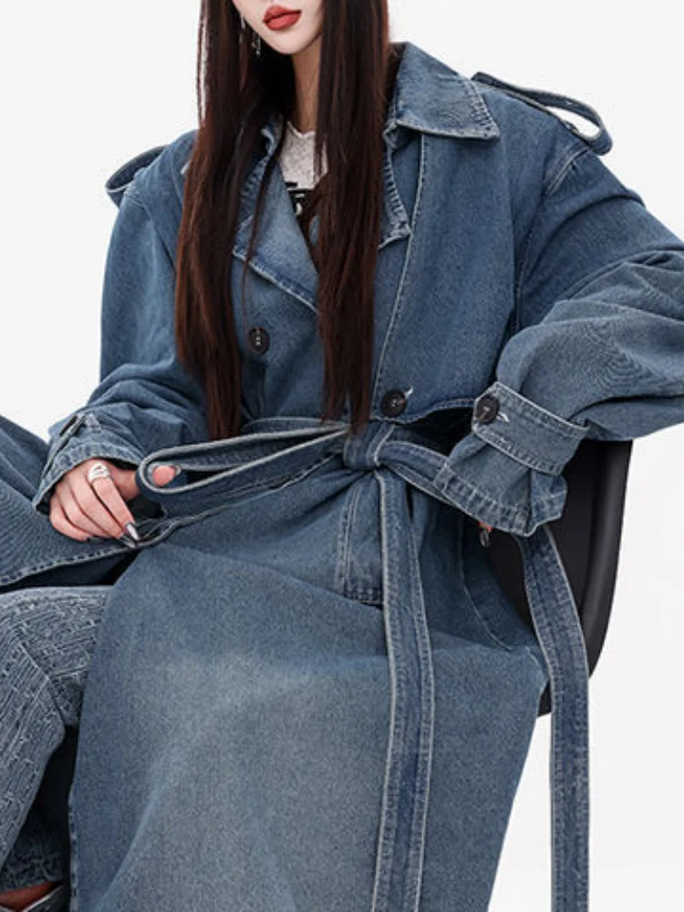 2026 New Spring Women Vintage Blue Denim Trench Coat Oversized Washed Distressed Midi Belted Waist Outerwear Versatile Jacket