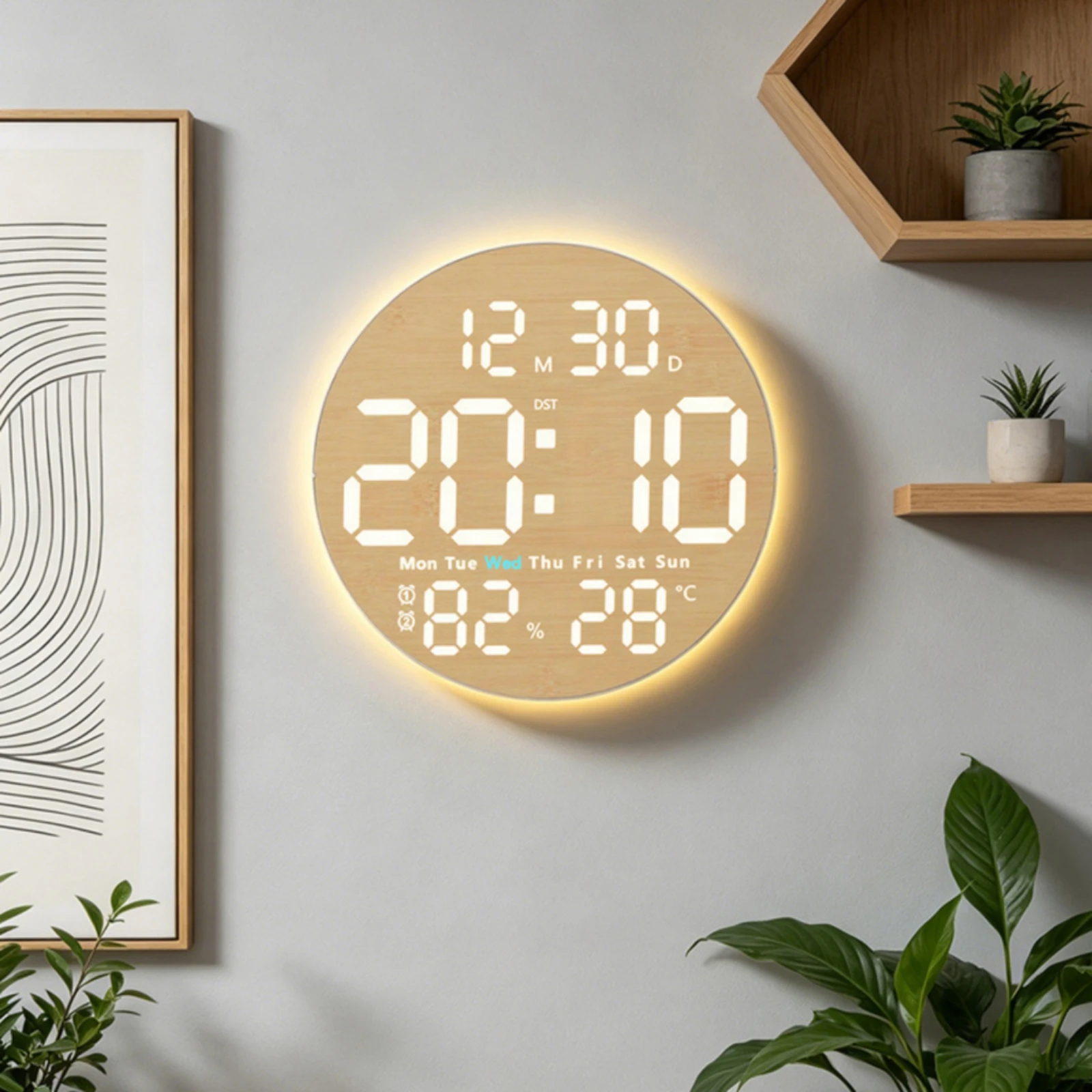 Digital Wall Clock with Temperature Multifunctional Digital Wall Clock Woodgrain Luminous for Living Room, Bedroom