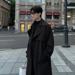 Autumn Men's Long Coats with Waistband Knee Length Trench Coat Double Breasted Cool and Fashionable High Street Lapel Trench