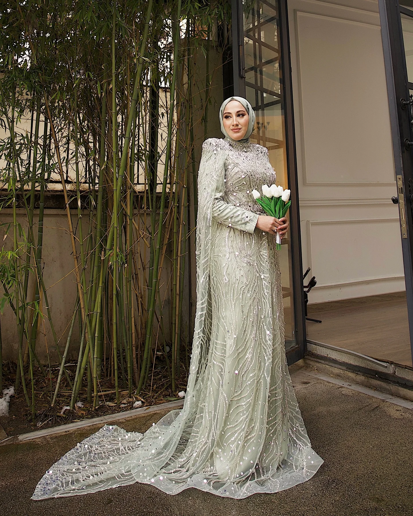 Sharon Said Luxuriöses Dubai Champagner Kristallperlen-Cape Muslimisches Abendkleid Arabisches Hochzeitskleid Ballkleid SS366 Maßanfertigung – Detail 20