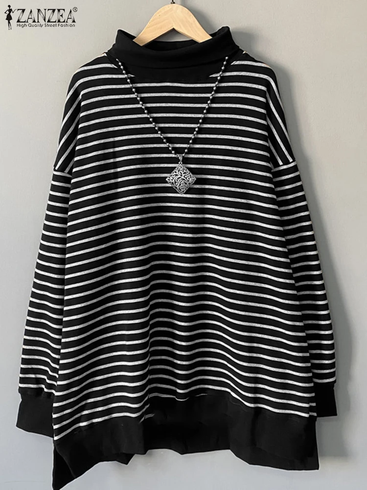 ZANZEA Women INS Striped T-shirts 2024 Autumn Chic Knited Tops Korean Fashion High Collar Tees Casual Loose Long Sleeve Tunics