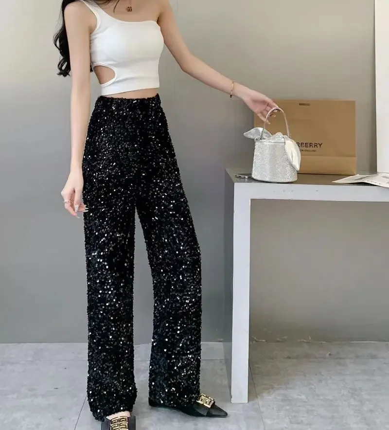 

Sequined Beaded Pants for Women Spring New Slimming High-waisted Wide-leg Pants Korean Style Drapey Floor-length Trousers