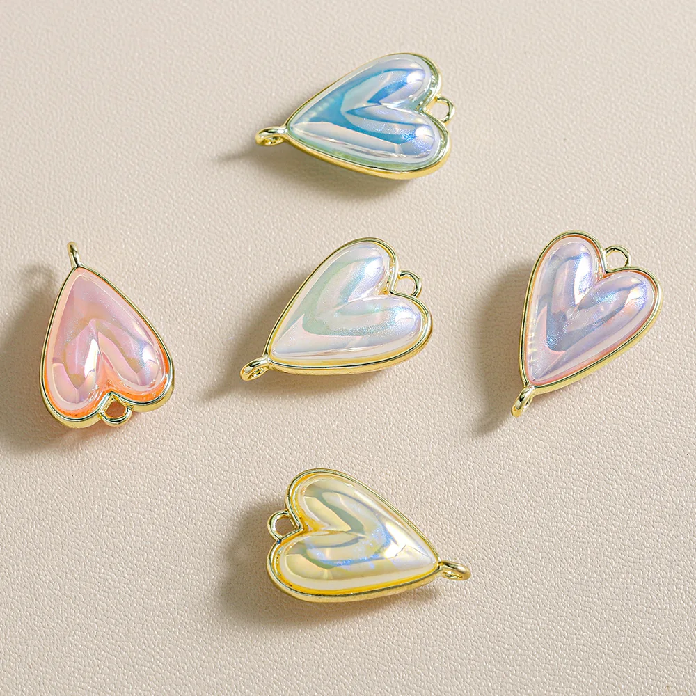 

High Quality Love Heart Acrylic Pearl Beads with Zinc Alloy Setting Connector Charms Ornament Accessories Material 6pcs 16*24mm