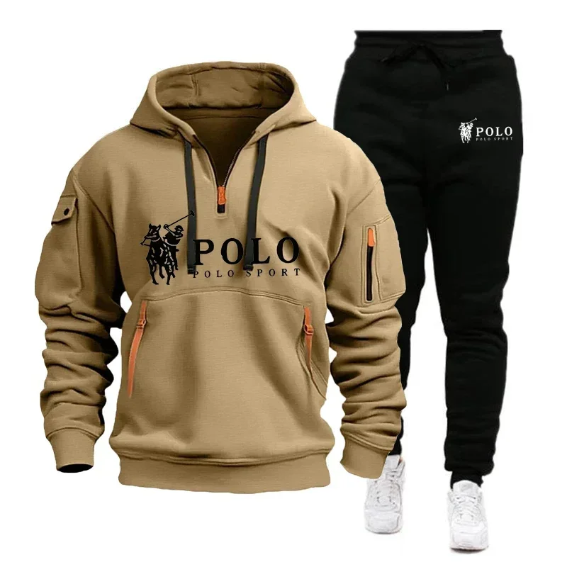

A 2-piece set of men's casual hiking windproof and warm sweatshirts and sport pants for autumn and winter 2025