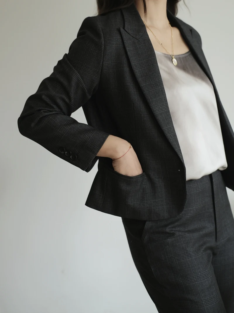 

Ele Commuter ey Plaid ort Костюм Jaet Женский весенне-осенний шерстяной тканевый модный верхний костюм Cact Design