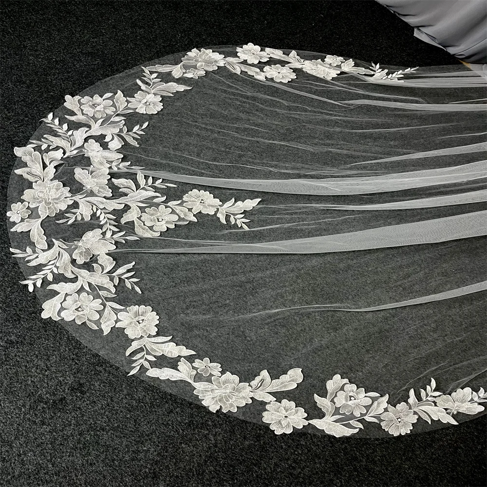 1 Layer 3-Meter Long Cathedral Wedding Veil with Comb Soft Tulle Lace Edge White Ivory Bridal Veil for Brides