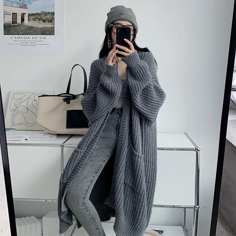 Autumn Winter Chic Long V-Neck Sweater Cardigan Women Casual Loose Gray Pocket Coats New Knitted Jackets Lady Basic Joker Tops