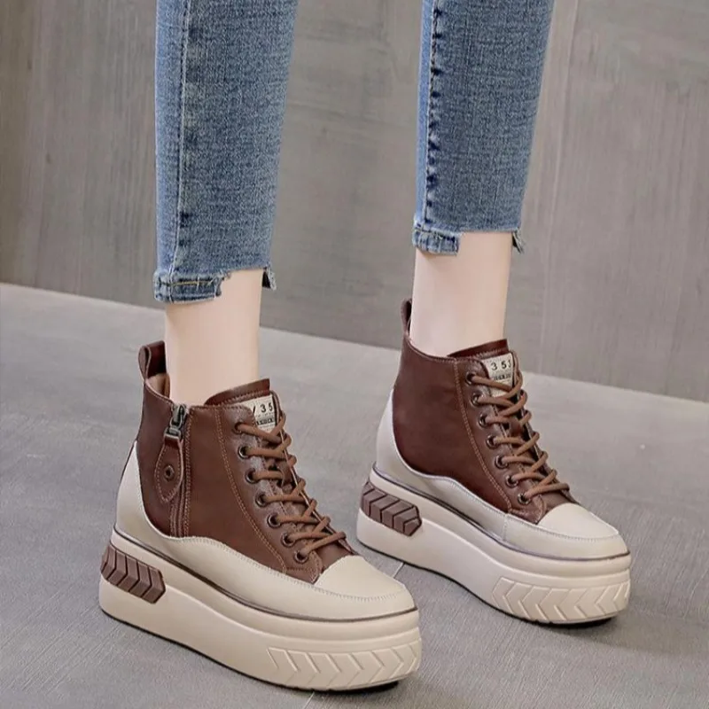 Herbst Frauen High Top Casual Schuhe Vielseitig Erhöhung 8cm Schuhe Plattform Schuh Mode Seite zipper Stiefel Marke PU Leder schuh