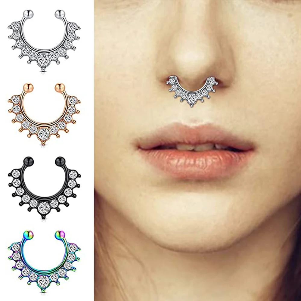 WKOUD Faux Septum Piercing Fake Septum Nose Hoop Rings Stainless Steel Lip Ear Nose Face Ring Non Clip On Moon Nose Rings Hoops