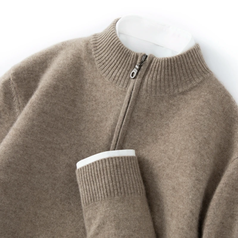 Chicuu suéter masculino 100% caxemira com zíper pulôver mock neck manga comprida básico malhas de caxemira outono inverno roupas tops