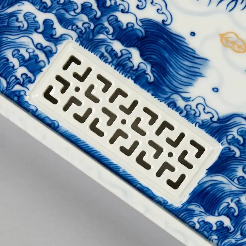 Holy Mountain Jingdezhen Blue White Underglaze Red Handmade Antique Ceramic Set Wet And Dry Tea Tray