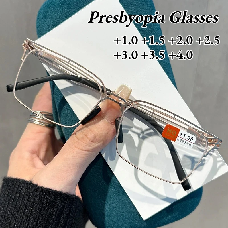 

Stylish Openwork Metal Anti-blue Light Presbyopia Glasses Unisex Square Frames High-definition Reading Eyewear +1.0 To +4.0