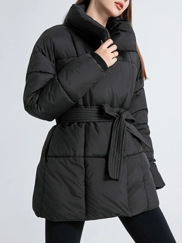 Fashion Lace Up Cotton Jacket Women Casual Stand Collar Single Breasted Pocket Loose Outerwears Lady Winter Daily Street Jackets