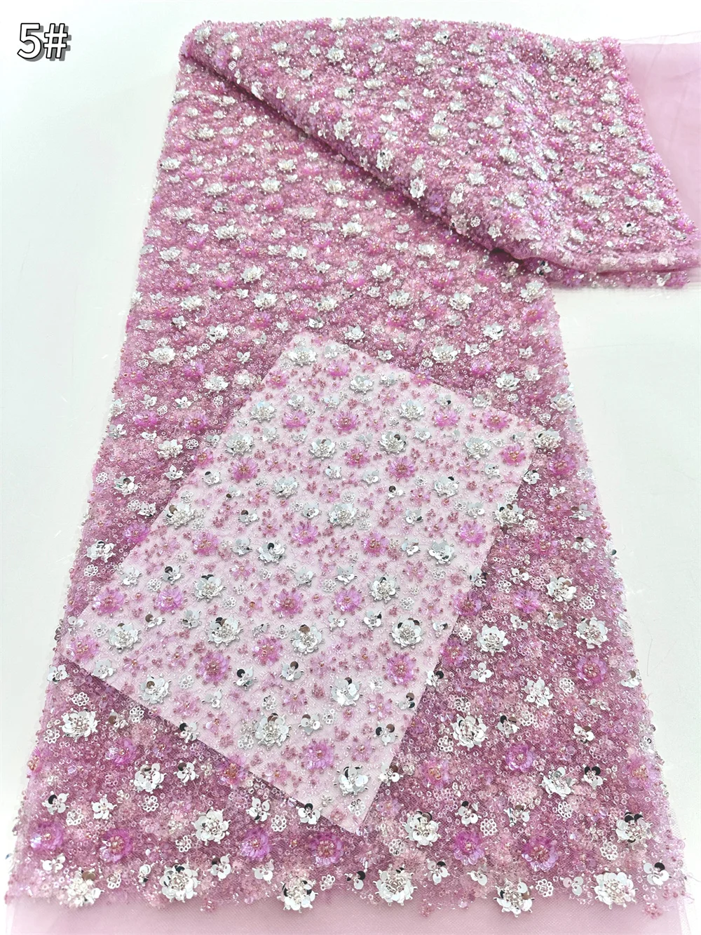

Luxury Pink Sequins Tube Beads Lace Fabric For Wedding 2025 New Design French African Tulle Mesh Lace For Evening Party Dress